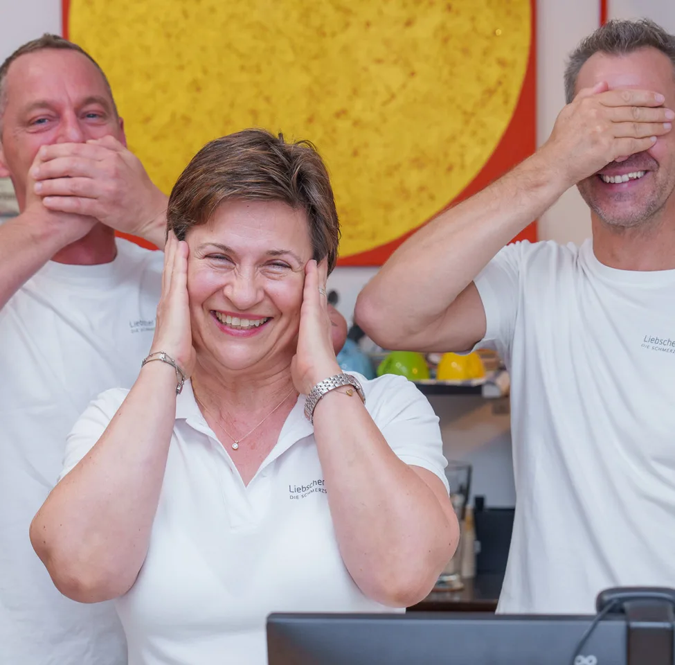 Stefan Lichtenstrasser and colleague laugh together doing a playful three-wise-monkeys pose in a bright room.