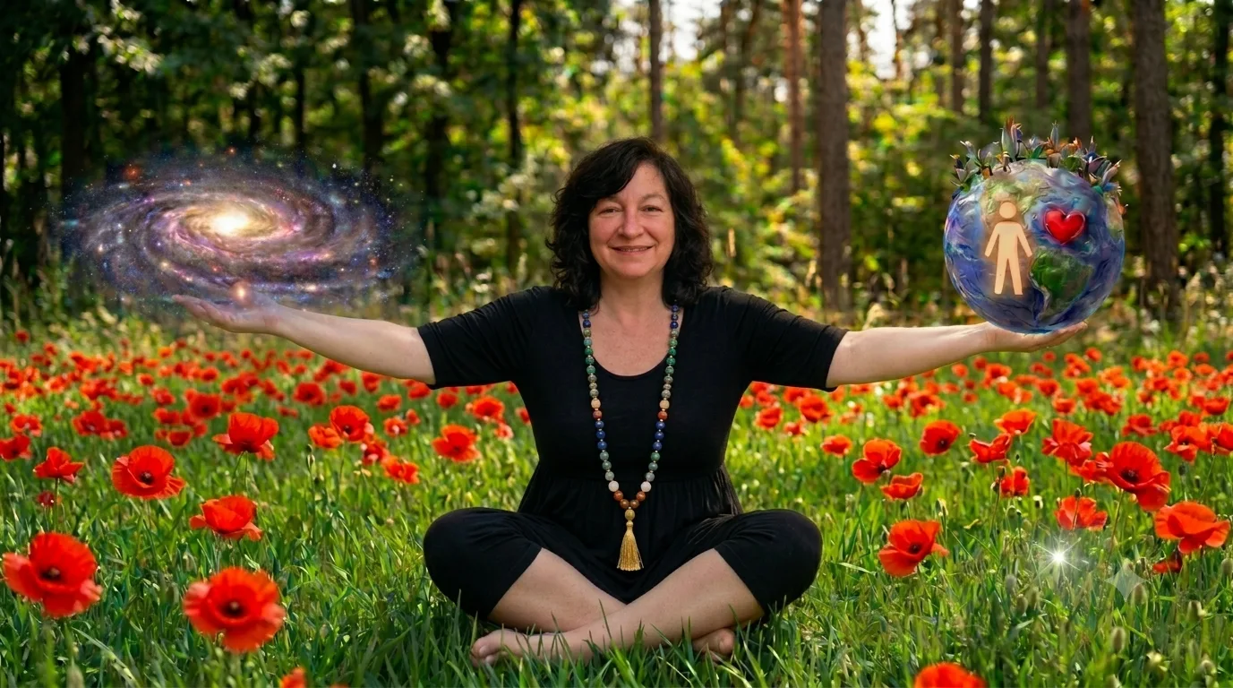 A woman with dark curly hair gazes contemplatively at a glowing cosmic Earth in a starry universe.